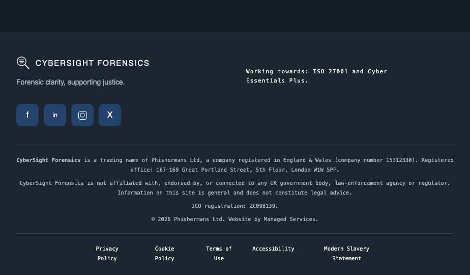 Footer with legal block, registered office, ICO number and non-affiliation disclaimer
