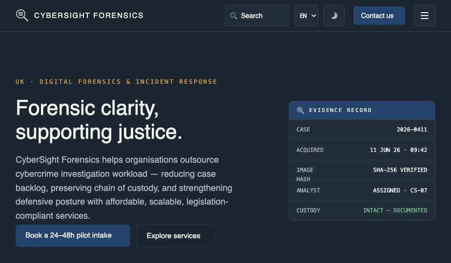 Website hero: 'Forensic clarity, supporting justice.' headline beside an evidence-record card