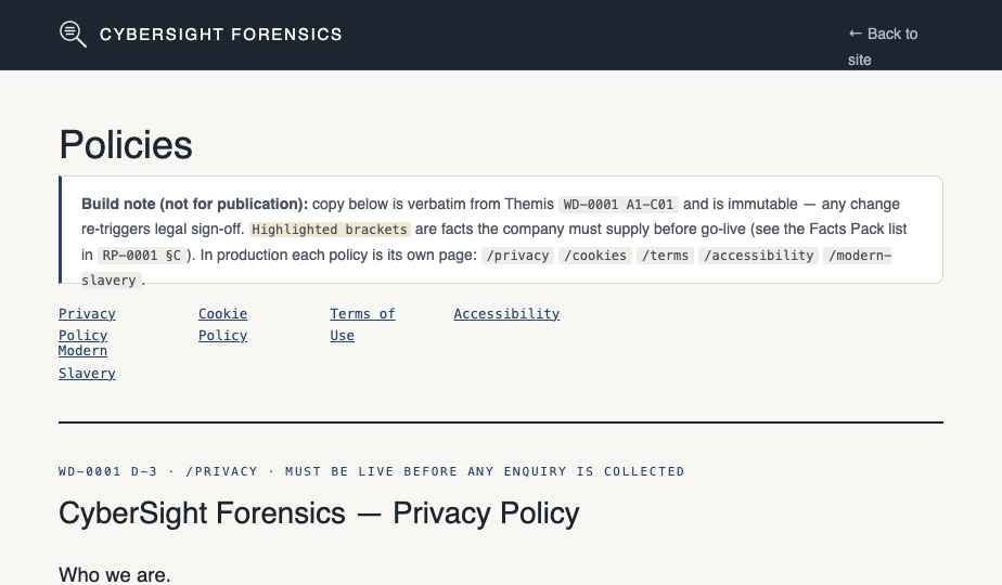 Policies page top with build note and route list