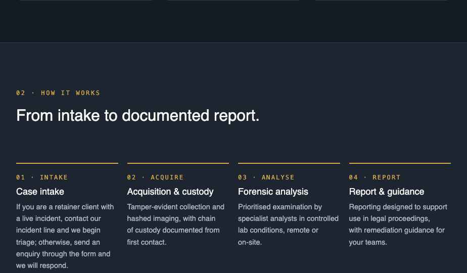 Process section: intake to documented report, four steps